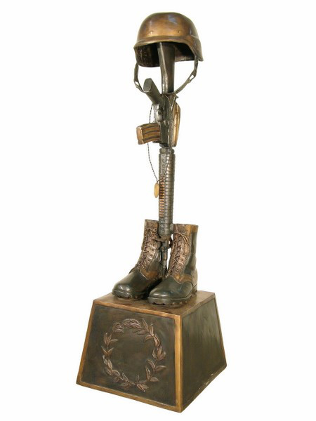 War Memorial sculpture battle cross boots gun helmet memorial bronze